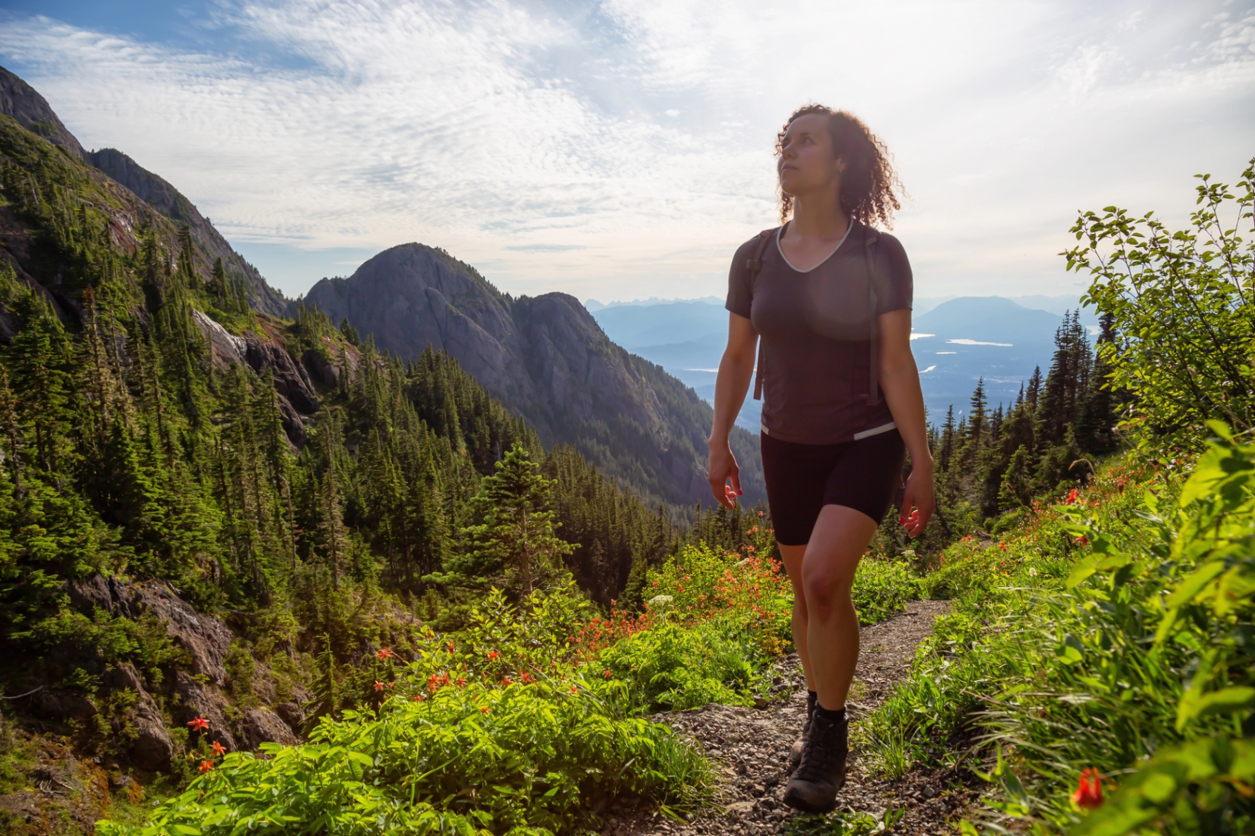 Woman hiking a mountain trail surrounded by wildflowers