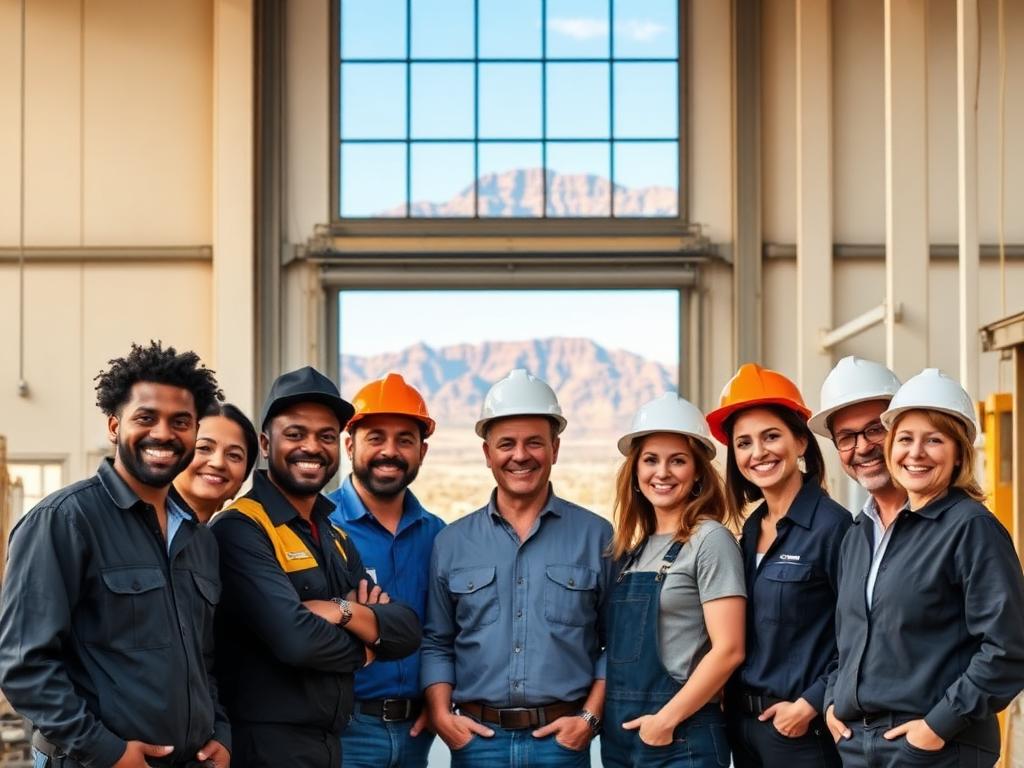 Happy employees and business owner smiling together in a bright modern office